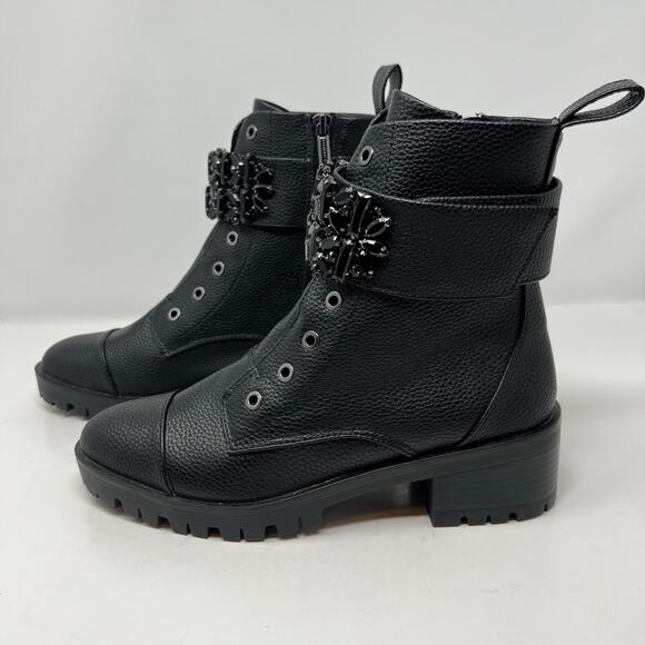 Karl Lagerfeld Boots Woman's 7.5M Black Payson Side Zip Jeweled Ankle Belt  NWOT - Picture 3 of 13